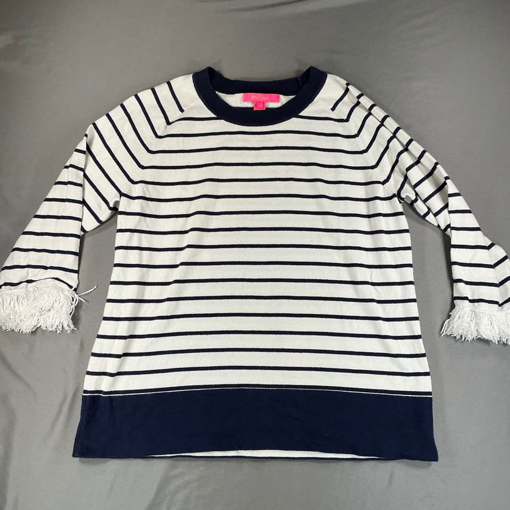 Lilly Pulitzer Navy White Striped Fringe Cuff Crewneck Sweater Womens Large L
